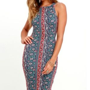Lulu’s Kiss the Sky Navy Blue Print Midi Dress, size Small